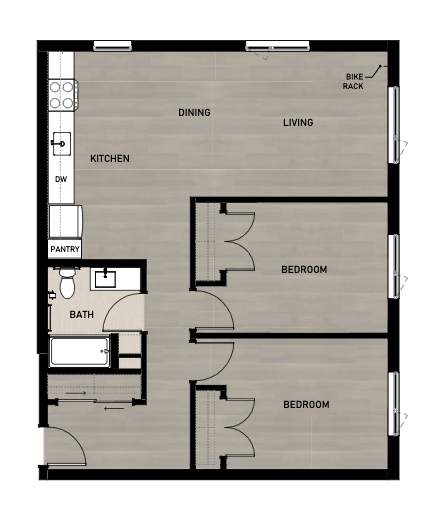 Floor plan for 2 beds, 1 bath, 892 sqft
